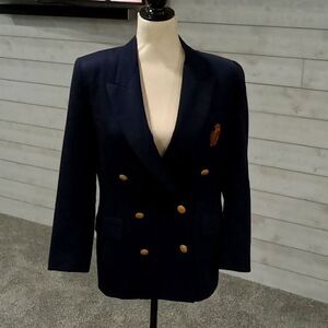 Charter Club petites 100% worsted wool navy blue blazer/jacket with crest size 8